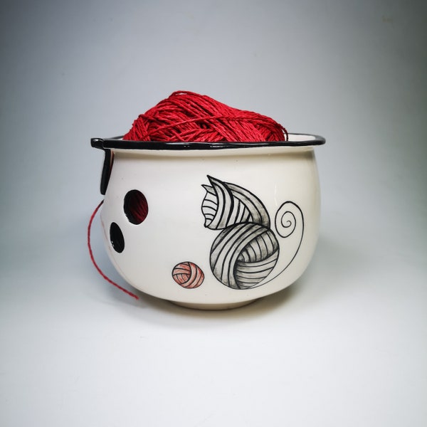 Handpainted Cat Yarn Bowl~Ceramic Knitting Bowl~Yarn Bowl with swirled holes~Knitting and Crochet~Cat Bowl~Yarn Holder~Yarn Organizer