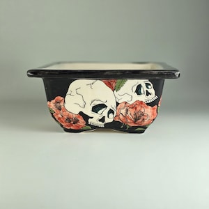 May include: Black square ceramic planter with a white rim. The planter is decorated with two white skulls and red flowers.