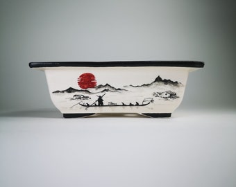 6"Hand-painted Bonsai Pot with Japanese View // Ceramic Planter for Bonsai, Succulent  // Square Bonsai Pot // Glazed Ceramic pot