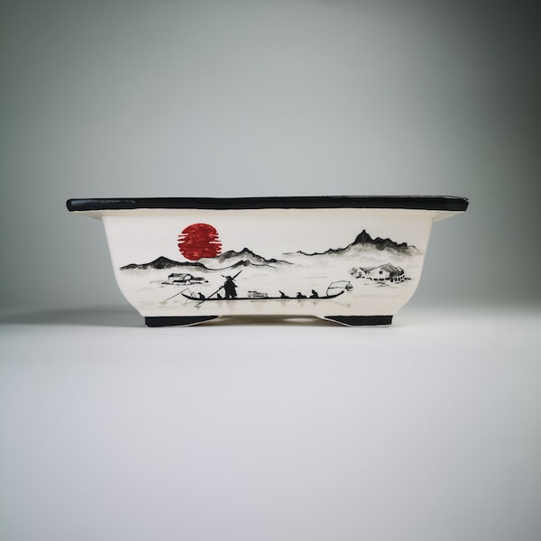 6"Hand-painted Bonsai Pot with Japanese View // Ceramic Planter for Bonsai, Succulent  // Square Bonsai Pot // Glazed Ceramic pot