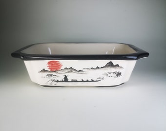 Hand-painted Bonsai Pot: Glazed Ceramic Planter with Japanese View (22cm)