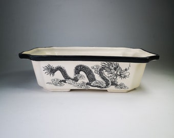Pot à bonsaï artisanal et peint à la main 22 cm avec dragon// Jardinière en céramique pour bonsaï, succulente// Pot à bonsaï rectangle// Pot en céramique émaillée
