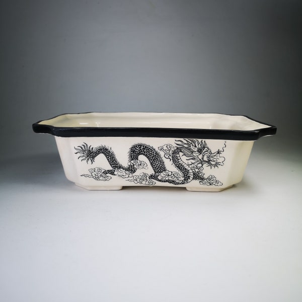 22cm Handcrafted and Handpainted Bonsai Pot with Dragon// Ceramic Planter for Bonsai, Succulent// Rectangle Bonsai Pot // Glazed Ceramic pot