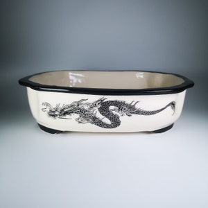 29 cm Handpainted Ceramic Bonsai Pot with Dragon//Ceramic Planter for Bonsai//Succulent Pot//Rectangle Bonsai Pot//Glazed Ceramic Pot
