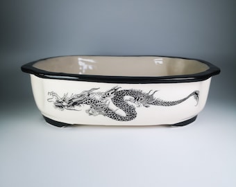 29 cm Handpainted Ceramic Bonsai Pot with Dragon//Ceramic Planter for Bonsai//Succulent Pot//Rectangle Bonsai Pot//Glazed Ceramic Pot