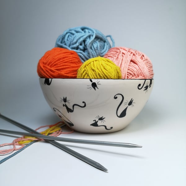 Handpainted Cat Yarn Bowl~Knitting Bowl~Ceramic Yarn Bowl With Swirled Holes~ Knitting and Crochet~Yarn Holder~Yarn Organizer