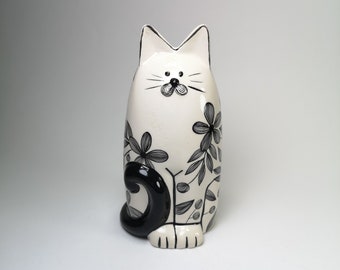 Ceramic Cat with Flowers// Ceramic Cat // Cat Figure // Cat Ornament // White Cat with Black Tail // Pottery Cat // Kitten Body Vase