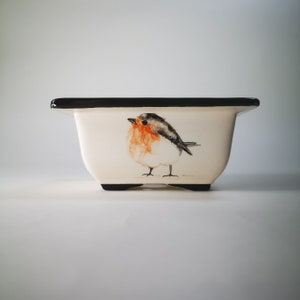 May include: White ceramic planter with a black rim and a watercolour painting of a robin on the front.
