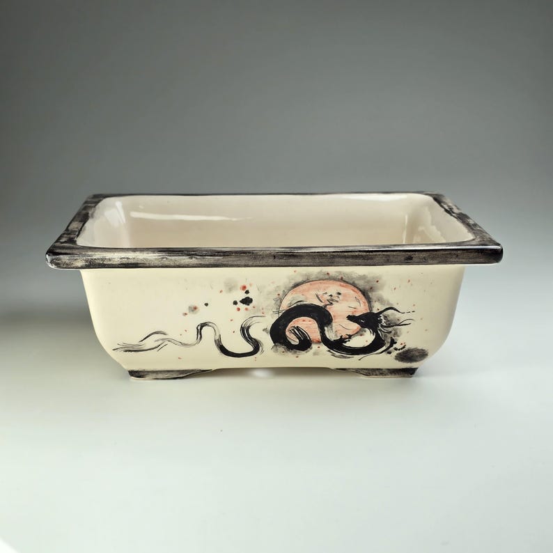 May include: A rectangular ceramic bonsai pot with a black and white dragon design and a red and white moon. The pot has a black rim and a white background.