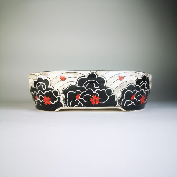5.7"Hand-painted Bonsai Pot with Sakura//Ceramic Planter for Bonsai, Succulent //Oval Bonsai Pot//Glazed Ceramic pot