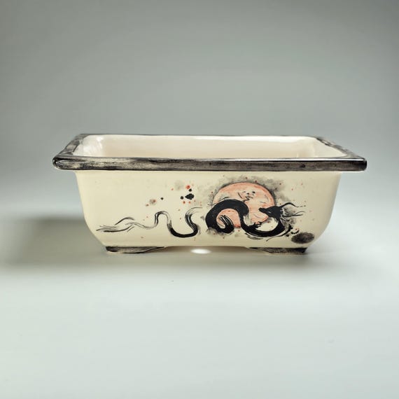 6" Hand-painted Ceramic Bonsai Planter, Dragon Design, Glazed Pot