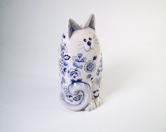 Ceramic Cat with Flowers// Ceramic Cat // Cat Figure // Cat Ornament // White Cat with Black Tail // Pottery Cat // Kitten Body Vase
