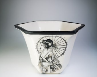 Hand-Painted Bonsai Pot, Japanese Lady Design, Glazed Ceramic Planter