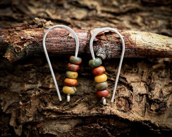 Ocean Jasper Earrings, Earth Tone Dangle Earrings, Green Jasper Silver Earrings, Yellow Jasper Hoop Earrings, Artistic Jasper Big Earrings