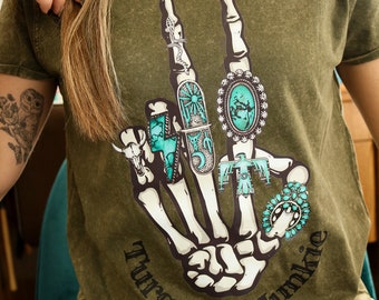 Turquoise Junkie Conch Ring Tee, Turquoise Ring Graphic Tee, Green Western T-Shirt, Peace Tshirt, Skeleton Peace Shirt, Red Country Shirt