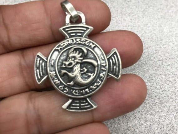 Pendentif Ancien Hanussen - Amulette Dragon Et Hexagrammes - Argent 925 - 30x30mm - Occasion