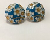 Vintage Arita Toshikane Hand Printed Cherry Blossom Porcelain Screw Back Earrings Blue gold