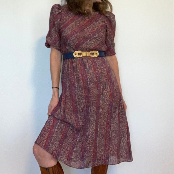 1970s secretary dress puff shoulder sleeve sheer striped paisley burgundy wine polyester high waist vintage midi womens size small 4 6 USA