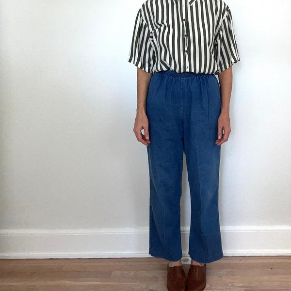 Minimalist granny pants blue 90s-Y2K high rise basic denim elastic waist wide leg pull-ups Grannycore vintage Tagged 12 US fits medium