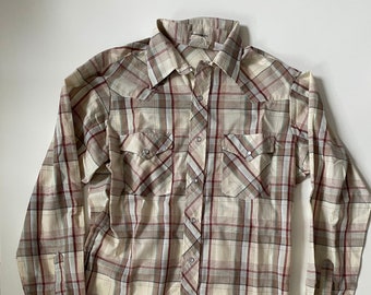 Vintage 70s Lee Plaid Western Shirt: Pearl Snap Rancher - Men's Medium