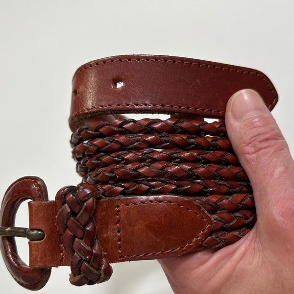 Vintage braided three string boho genuine leather brown belt Womens size XL Fits waist approx 34 35 36