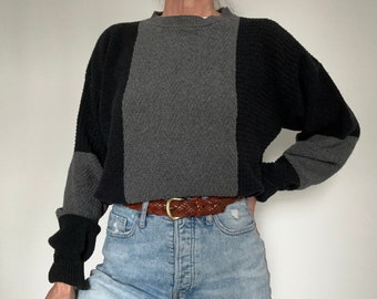 90s vintage color block black gray biggie sweater / Vintage Claiborne USA made/ Unisex medium