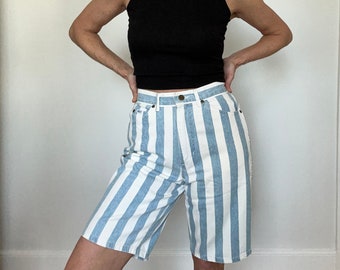 80s Chic striped high rise long shorts/ Vintage USA made mom jeans blue white stripes / Womens size 27 28 waist 5 6 US small