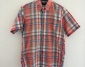 Vintage Ralph Lauren Chaps 1980s plaid peach button down oxford / Preppy grandpa dad short sleeve golf shirt/ Size medium