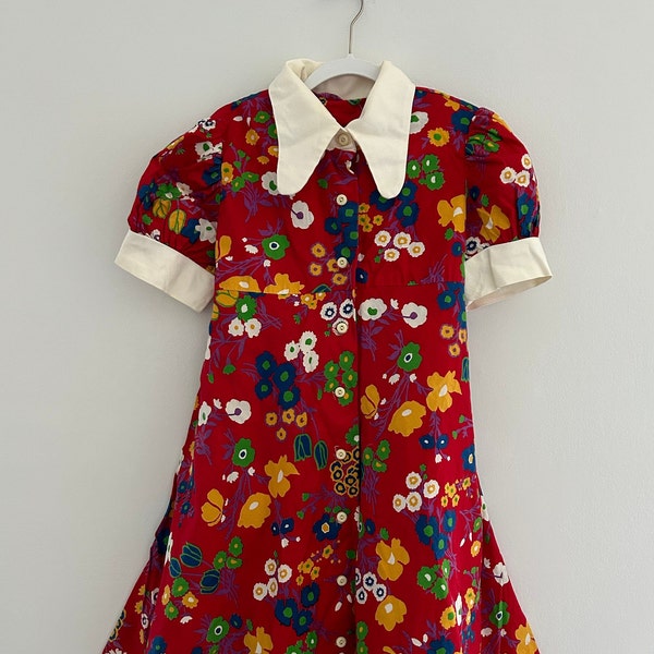 Vintage mod floral skater dress / red hippie festival 60s 70s / Girls medium 8 10 US maybe