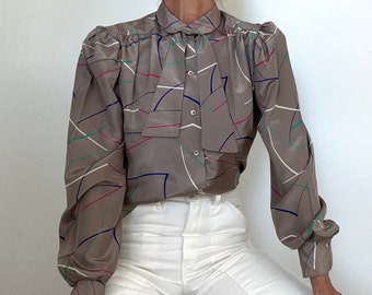 70s-80s abstract neck tie blouse puff shoulder rockabilly secretary vintage polyester long sleeve button front peter pan collar small medium
