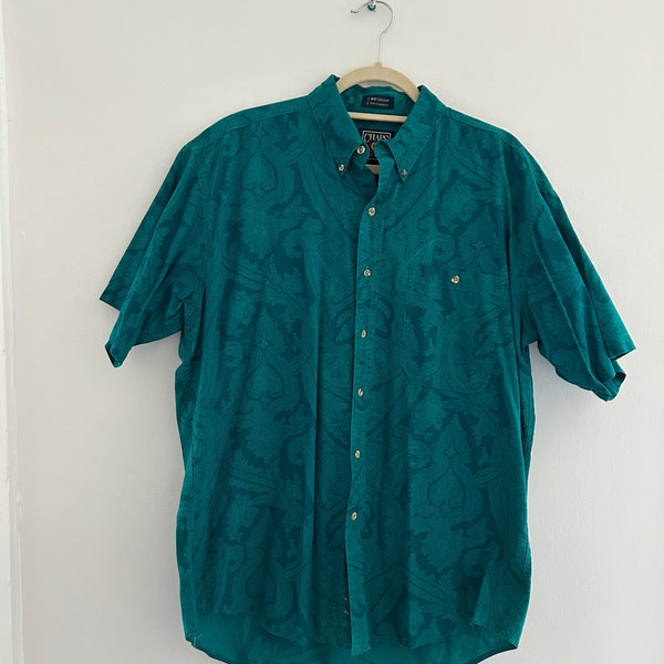 90s Ralph Lauren Chaps turquoise teal blue short sleeve button up biggie boho oxford men's size large