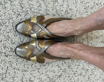 80s leather sling back flats/ Color block metallic pewter bronze gold / New without tags as-is vintage Ana Bonilla made Spain/ Women 9-9,5