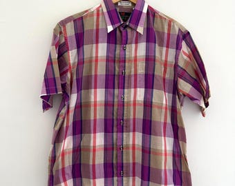 Vintage 1980s plaid short sleeve oxford / preppy gold dad grandpa button down collar shirt / Manhattan Club mens size large