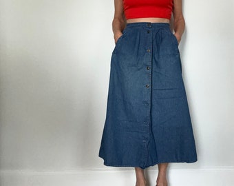 90s vintage jean skirt A-line button front high waist blue denim boho peasant country cottagecore midi maxi Womens size small
