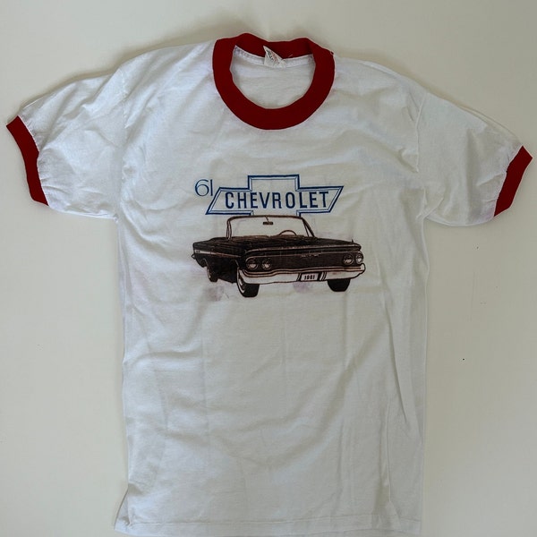 Vintage 61 Chevy graphic ringer t shirt  / New without tags 50 50 USA made Sportswear collectors car rockabilly white tee/ Tagged size large