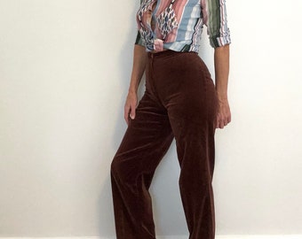 Vintage 70s velvet pants high rise brown disco groovy no pockets wide leg size 26 to 27 waist Fits size small 4 5 USA