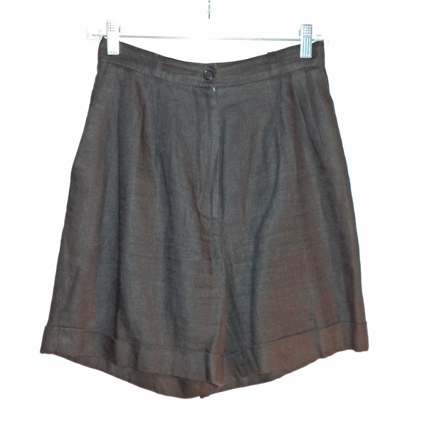Sale High waist linen shorts minimalist black 90's pleated front long Bermuda Vintage Larry Levine Women's size 6 27 28 W