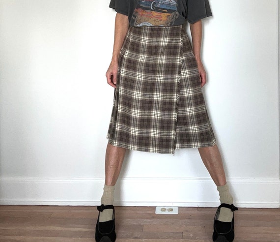 70s 80s neutral plaid pure new wool skirt Vintage… - image 1