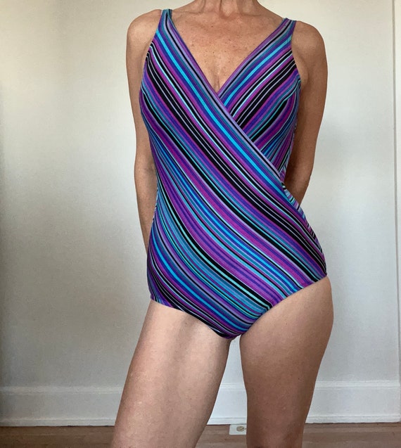 70s 80s chevron bathing suit / one piece blue str… - image 3
