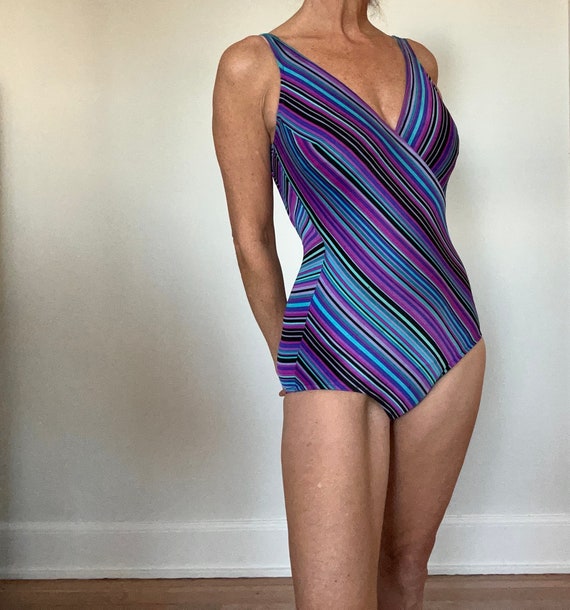 70s 80s chevron bathing suit / one piece blue str… - image 2