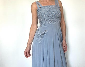 1940s vintage light blue formal dress sleeveless crochet rhinestones beads cocktail wedding women's size small 5 6