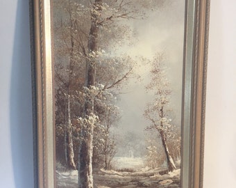 Original oil wooden frame winter landscape painting. Vintage ,trees, pond 16in. x 28in.