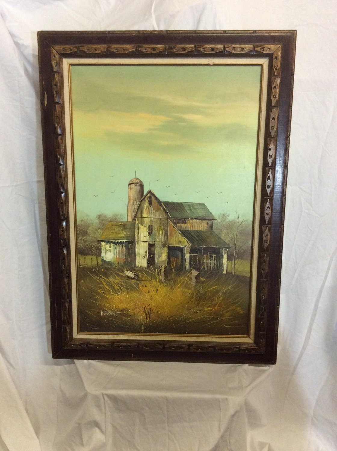 R. Brant Original Vintage Oil Painting Rustic Barn Farm House in Fall