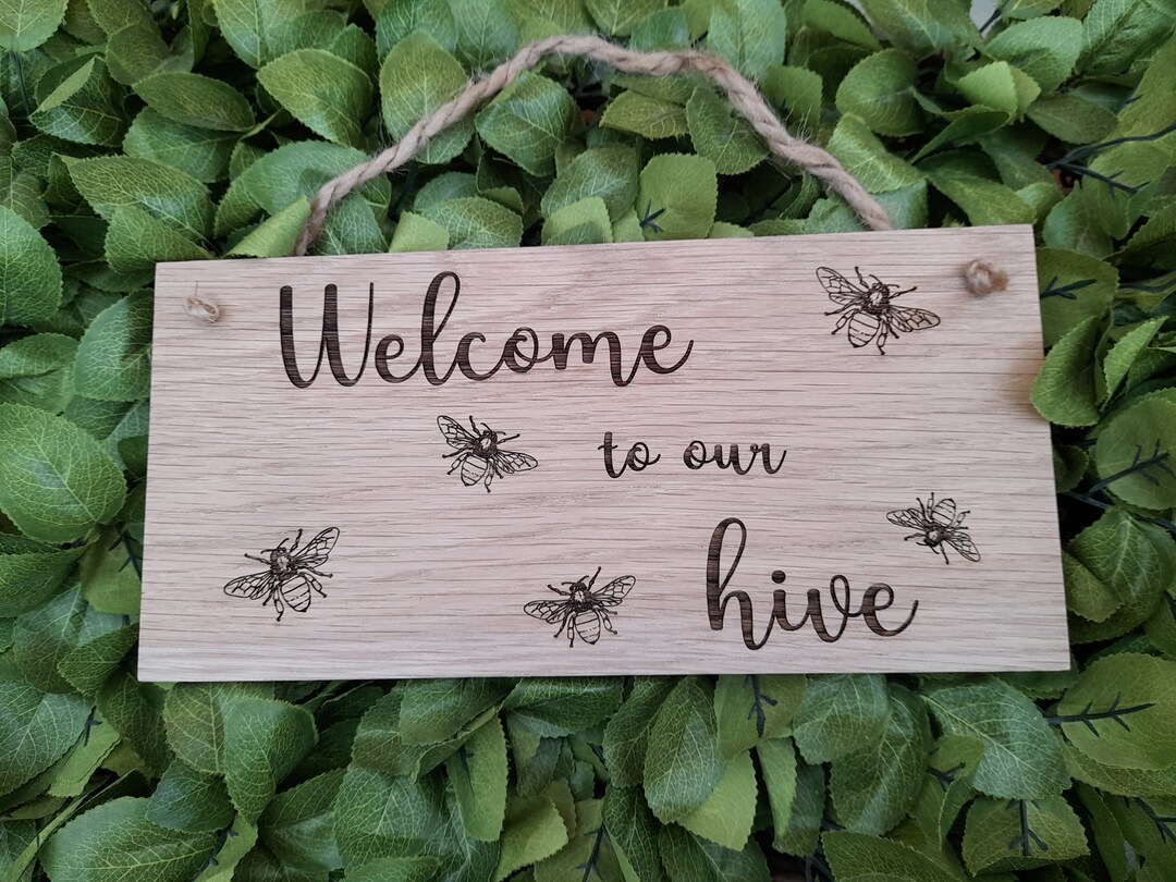 to our hive engraved solid oak wooden sign home honey