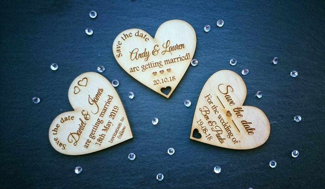 Rustic Save the Date Magnets Engraved Wood Heart Personalised Wedding ...