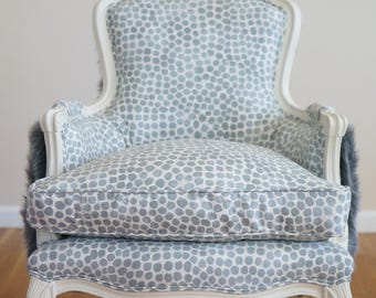 French Vintage Grey Dots Bergere Style Chair With Fur Back - Custom Order Only