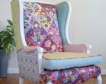 Whimsical Floral Patchwork French Wingback Style Chair Sold