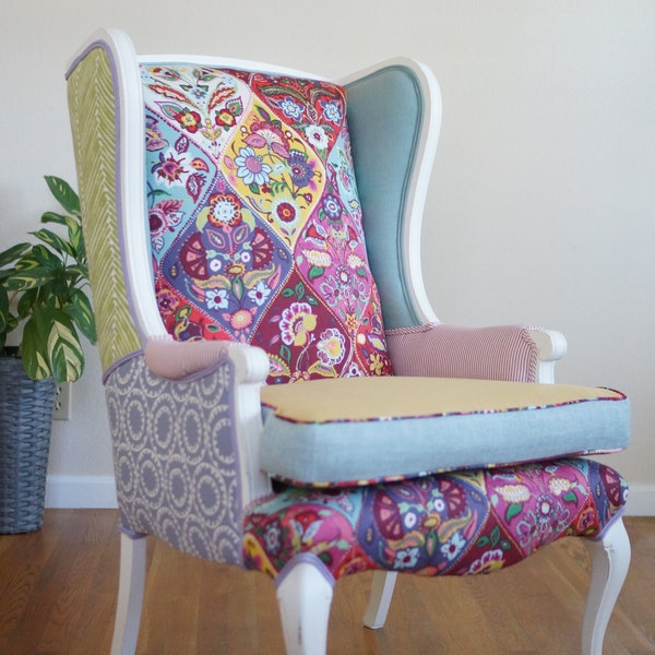 Whimsical Floral Patchwork French Wingback Style Chair Mix Patterns - SOLD/Custom Order Only