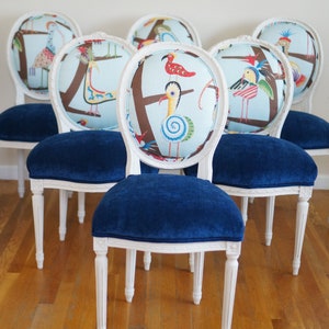 French Provincial Style Whimsical Bird Collection With Navy Velvet Dining Chairs - SOLD/Custom Order Only