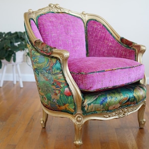 Gold Gilded French Bergere Chair: Fuchsia Velvet, Osborne & Little Fabric (Custom Order Only)